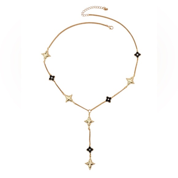 18k Gold and Black Flower Lucky Clover Y-Drop Necklace Waterproof, Tarnishproof - Picture 1 of 5